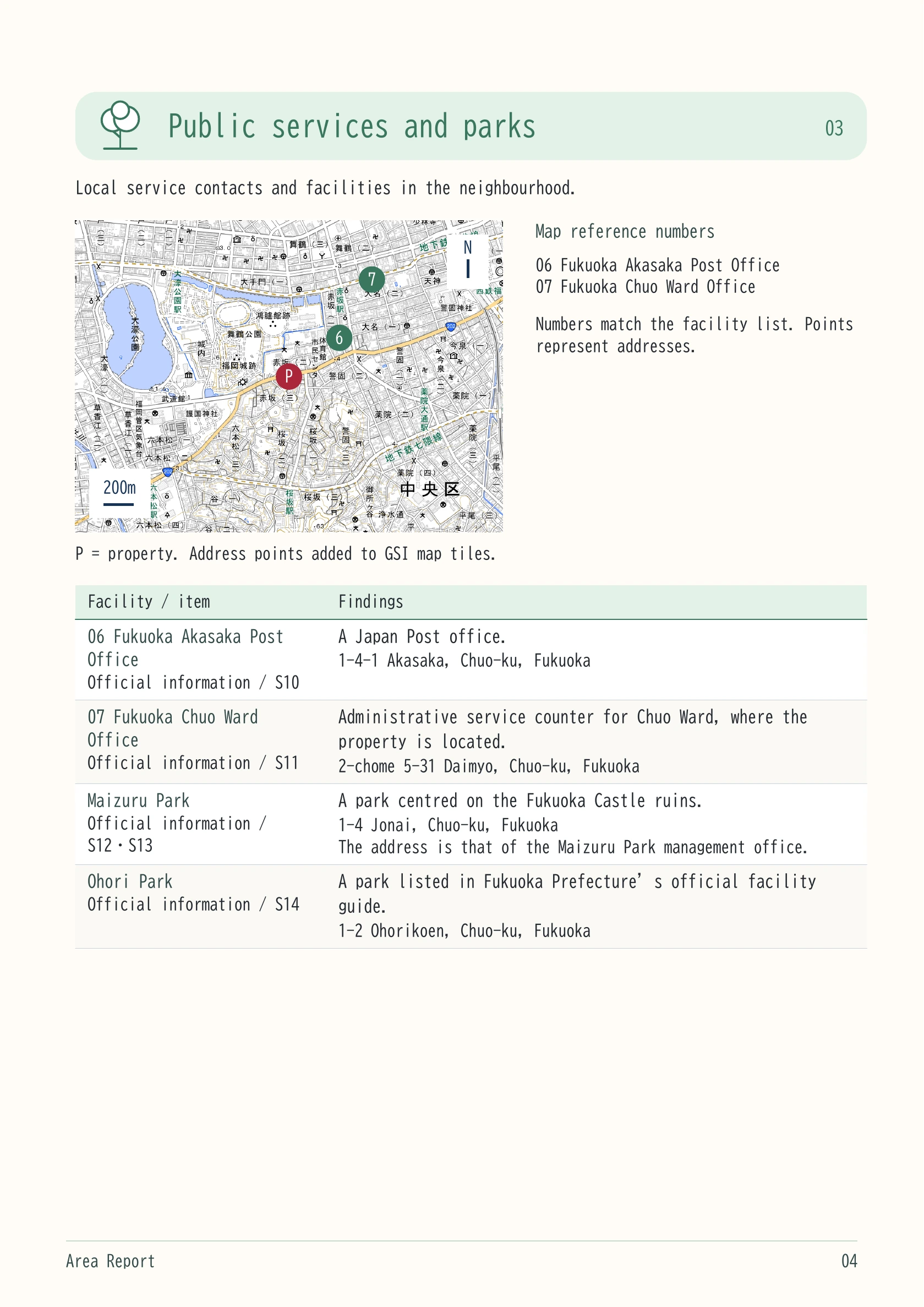 Fukuoka Akasaka Post Office, Chuo Ward Office, Maizuru Park and Ohori Park.