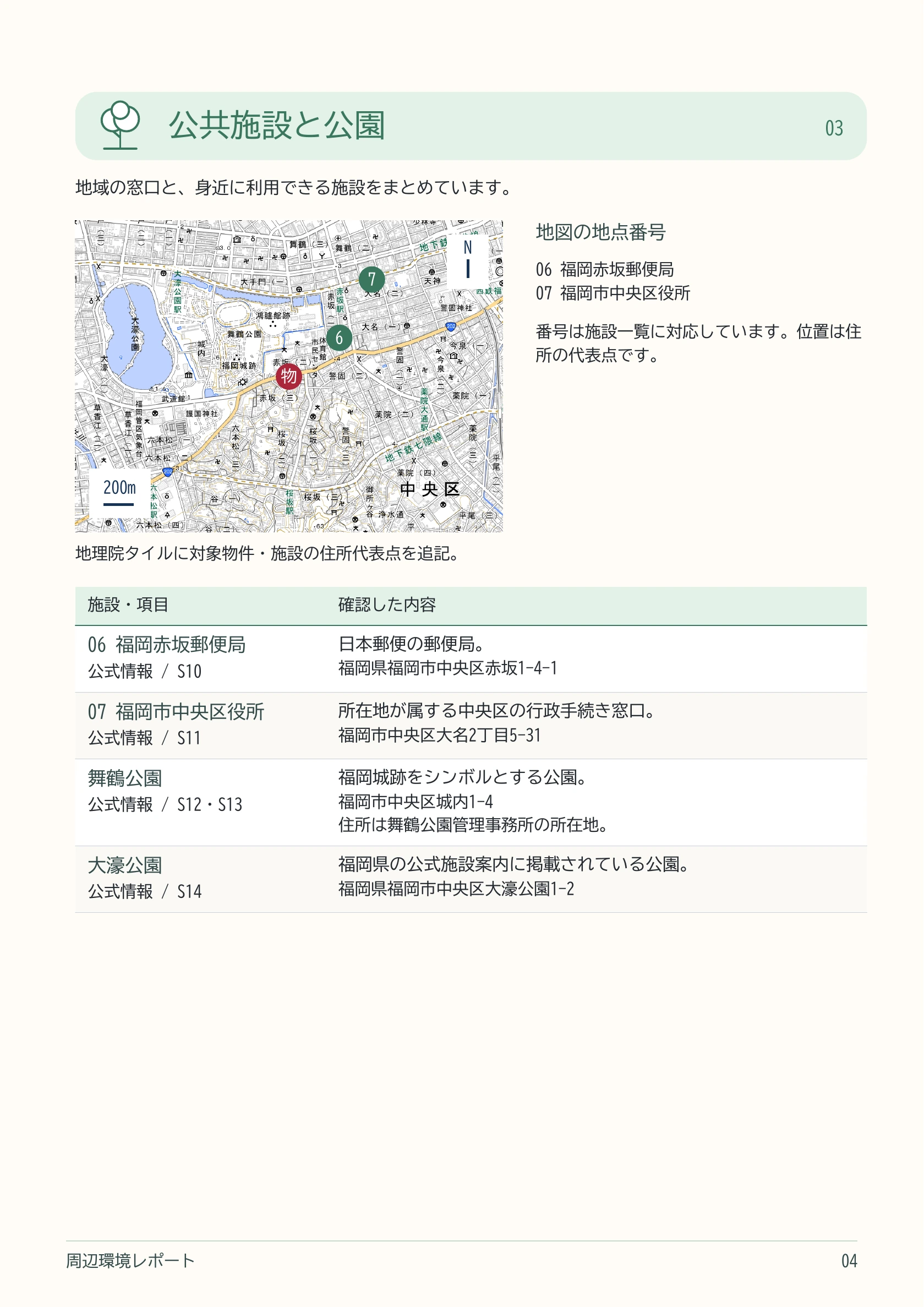 福岡赤坂郵便局、中央区役所、舞鶴公園、大濠公園。